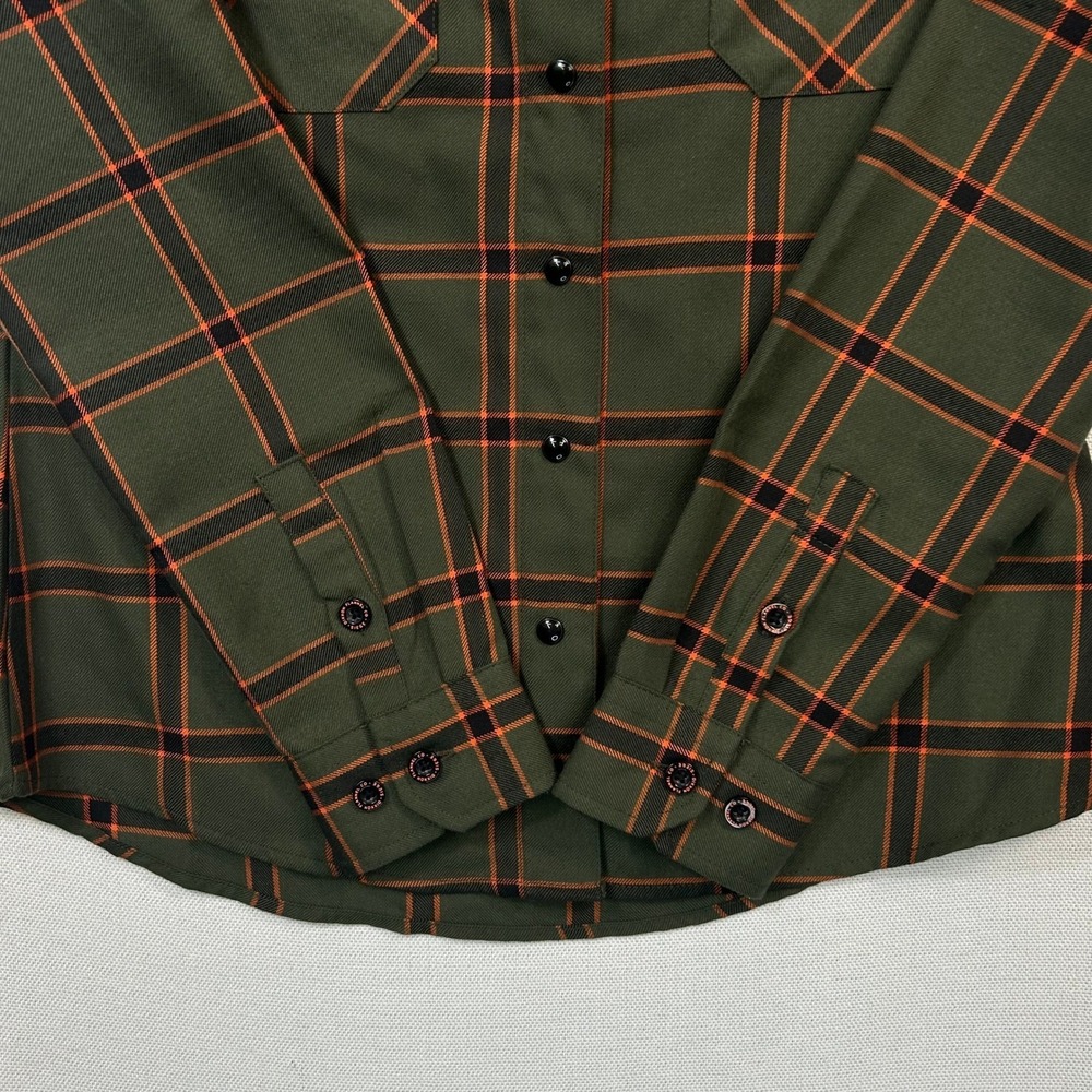 Dixxon Flannel Co Siege Snap Shirt Womens M Olive Green Orange Plaid D-Tech - Picture 6 of 11